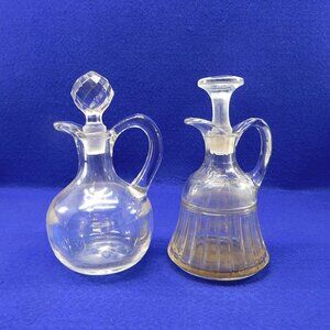 2 Vintage Glass Oil & Vinegar Cruets w Ground Glass Stoppers